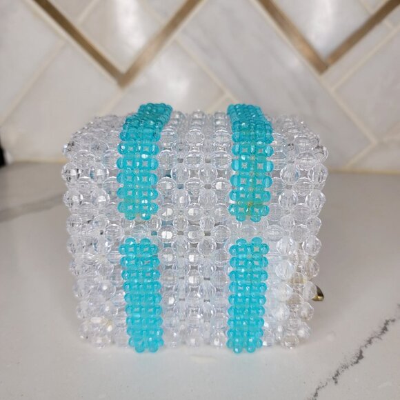 Handcrafted Beaded musical Jewelry trinket Box With Clear & Turquoise Beads - Picture 8 of 11